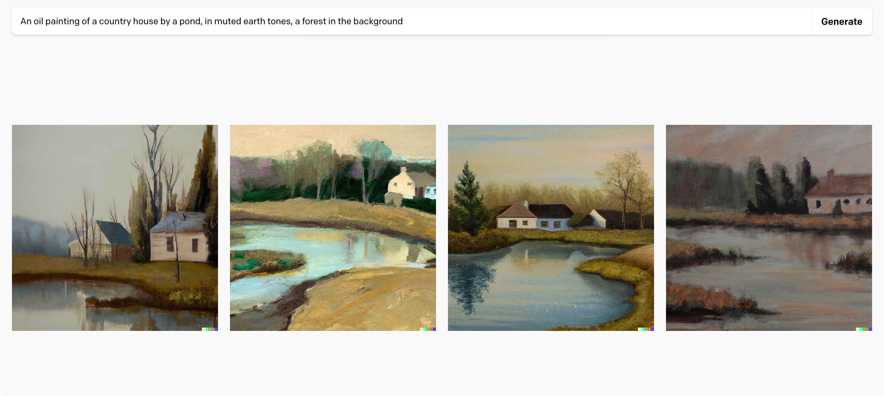 Изображение дома у пруда в приглушённых земляных тонах, созданное с помощью Dall‑E.