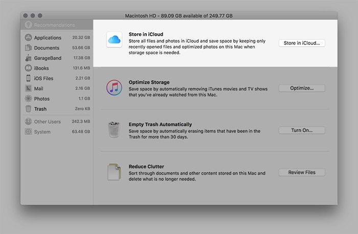 Опция хранить в iCloud для Desktop и Documents