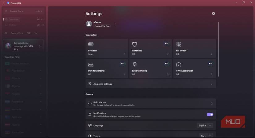 Экран настройки Proton VPN — показаны опции конфигурации и защиты