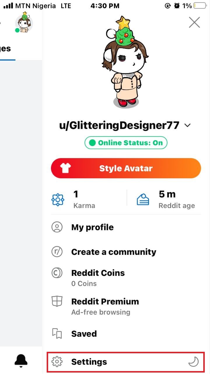 Скриншот меню профиля в приложении Reddit на iOS