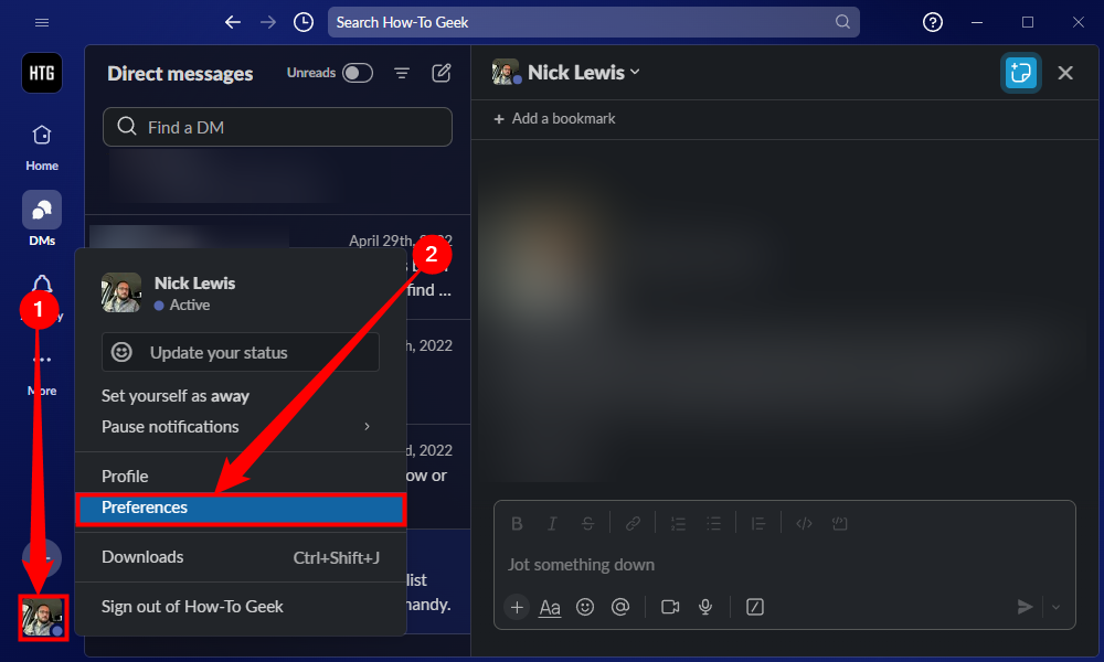 Открытие настроек в Slack через иконку профиля внизу слева