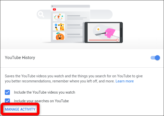 Кнопка Управлять активностью в блоке История YouTube