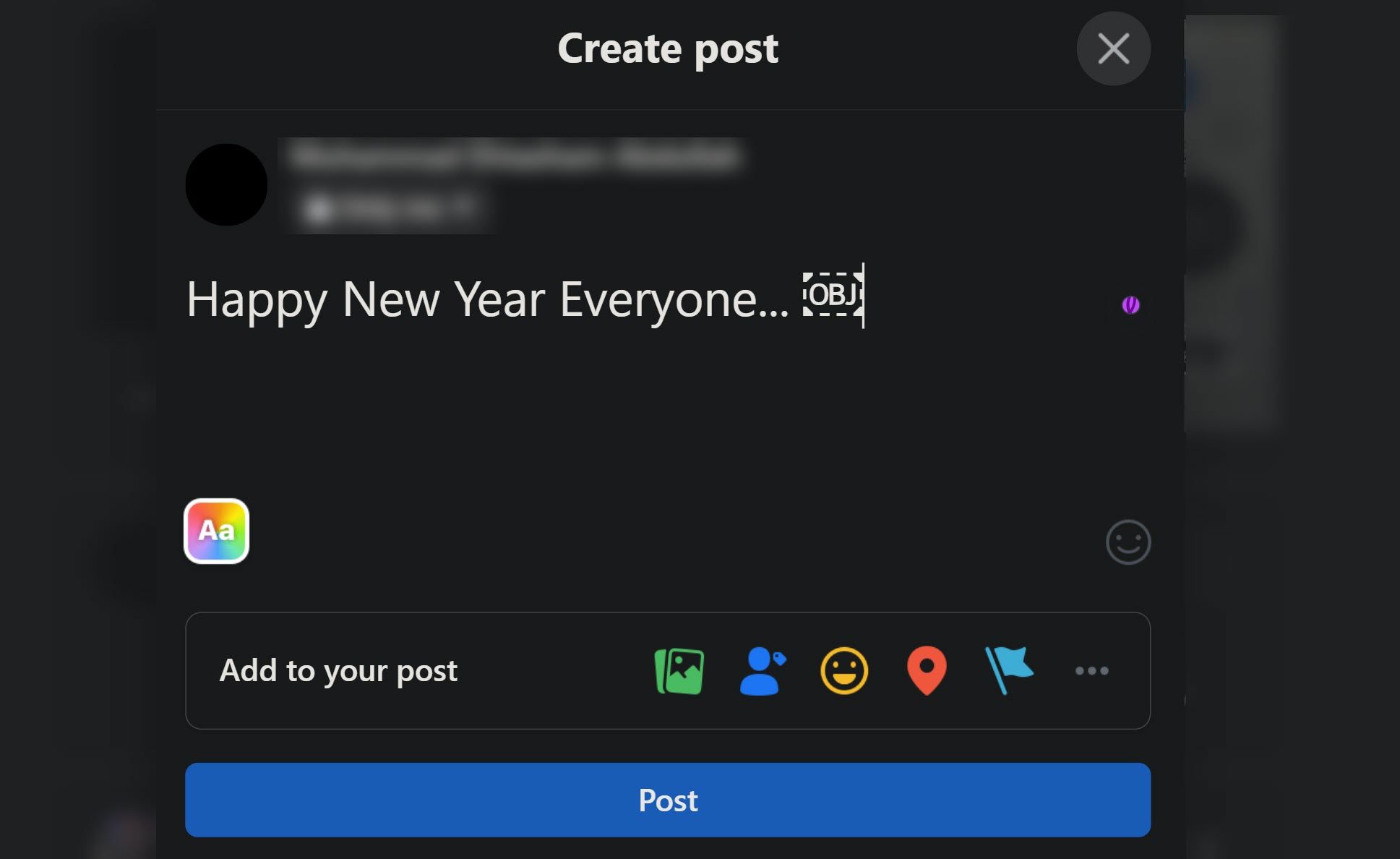 OBJ в рамке вместо эмодзи при создании публикации в Facebook