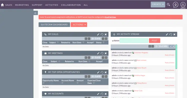 Панель управления SuiteCRM