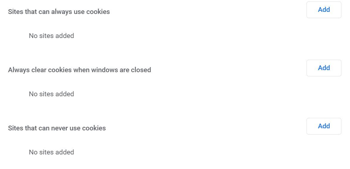 Список исключений cookie в Chrome