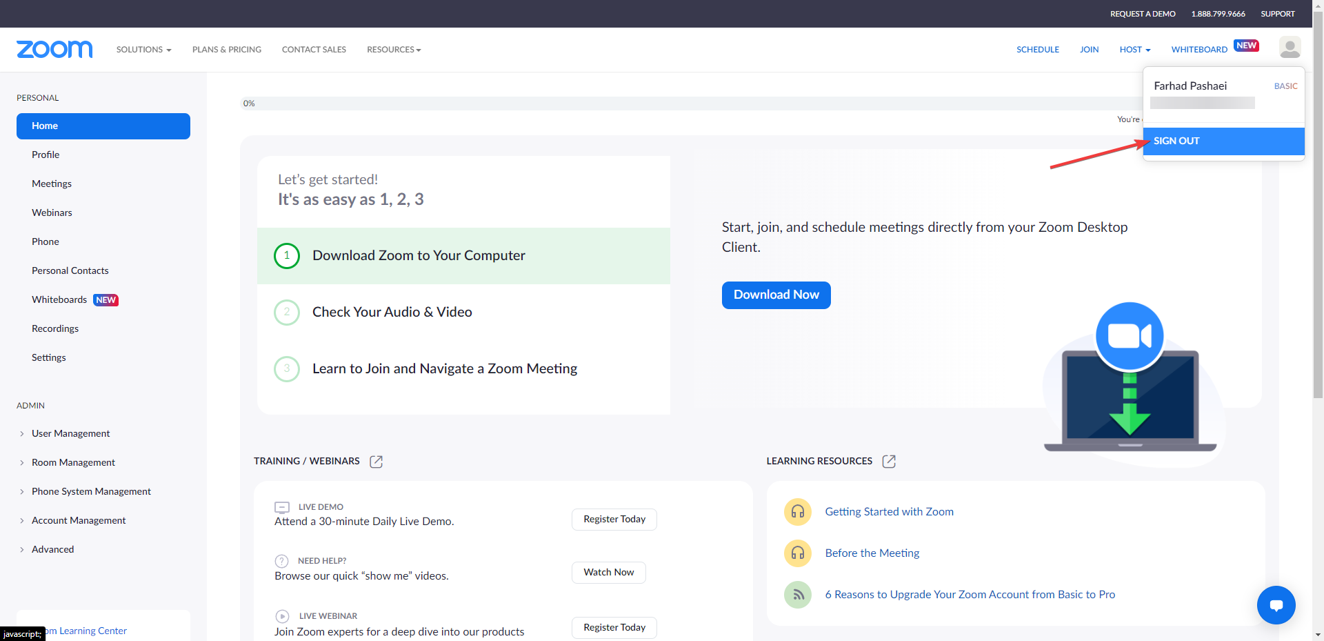 Иконка выхода из аккаунта Zoom в приложении