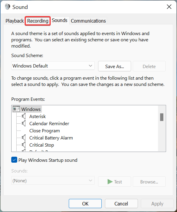 Окно Звуки — вкладка Запись
