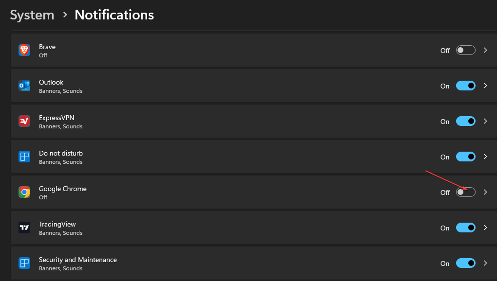 Отключение уведомлений для Chrome в параметрах Windows