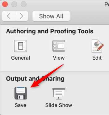 Раздел «Вывод и общий доступ» в настройках PowerPoint для Mac