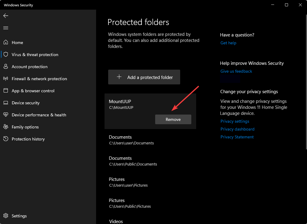 Protected folder remove