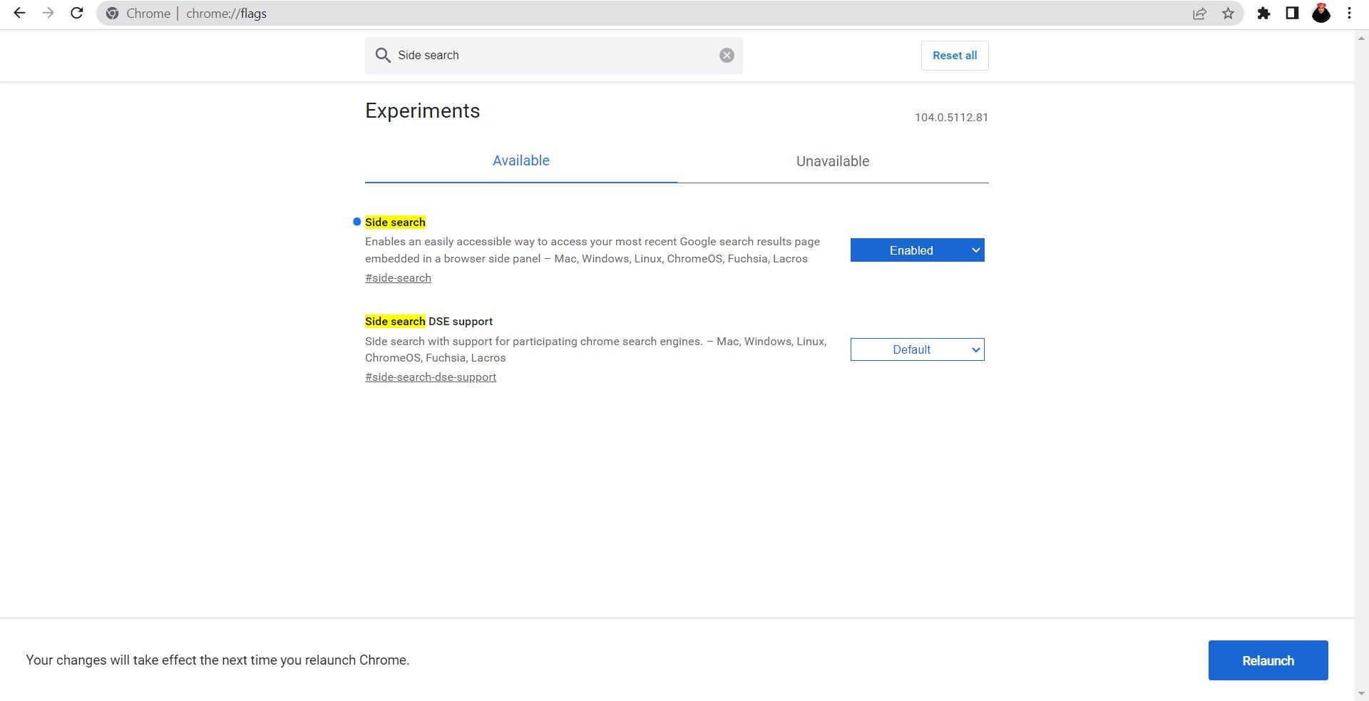 Настройки бокового поиска в экспериментальных флагах Chrome