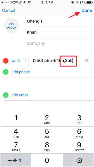 Номер с добавленной запятой и кодом, сохранение контакта нажатием Готово
