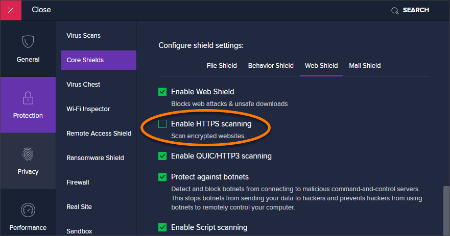 Настройка HTTPS‑сканирования в антивирусе, пункт HTTPS scanning выделен