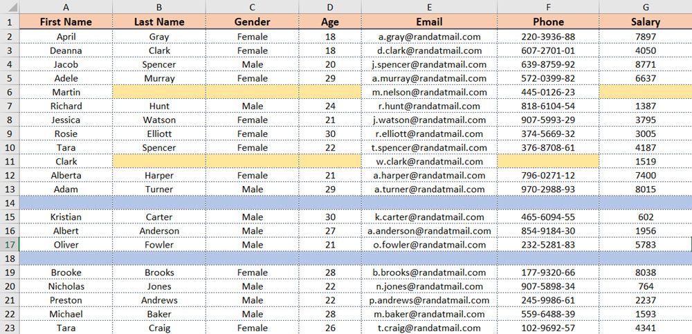 Использование фильтра для удаления полностью пустых строк