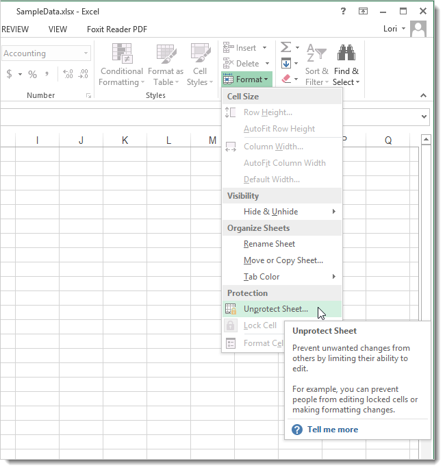 Команда Снять защиту листа в меню Формат