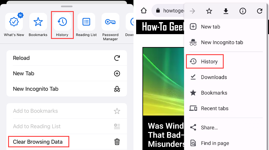 Опции истории в Chrome для iPhone и Android