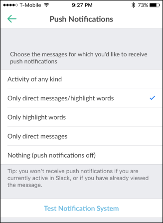 Настройки push‑уведомлений Slack на iOS