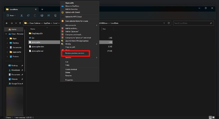 Восстановление предыдущих версий файла через контекстное меню