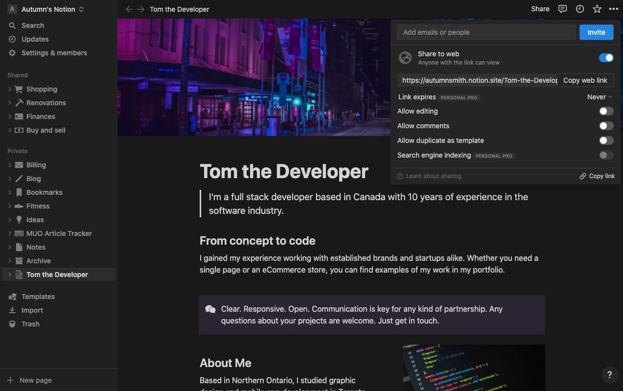 Опции публикации страницы в Notion