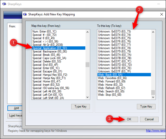 Процесс переназначения кнопки «Меню» в SharpKeys