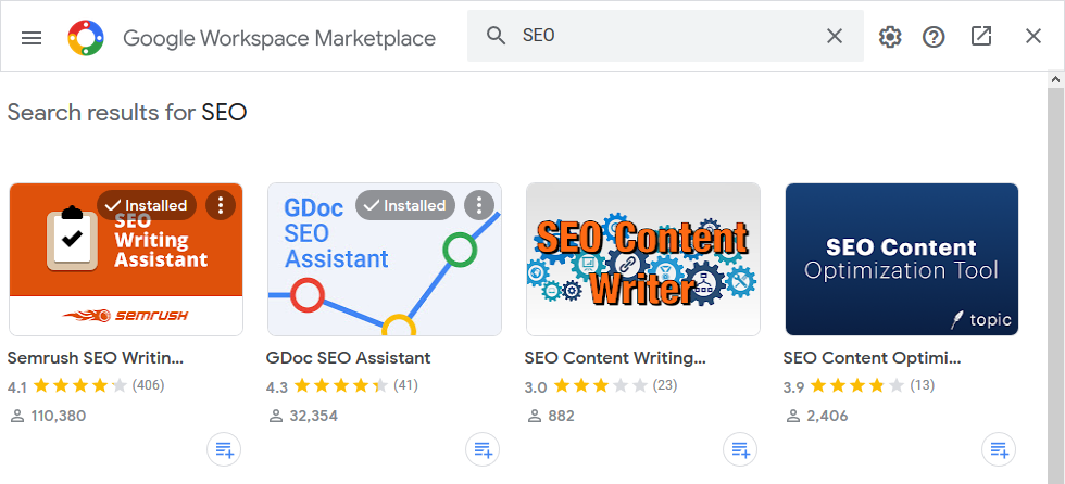 Google Marketplace с результатами поиска по «SEO»