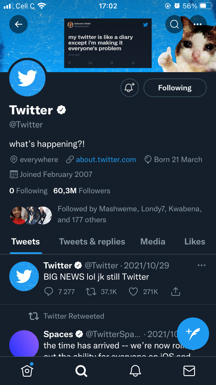 Скриншот профиля Twitter в мобильном приложении