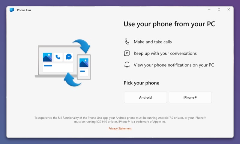 Экран выбора устройства в Phone Link