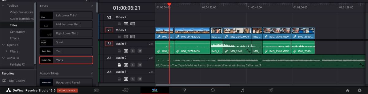 Главная страница Edit DaVinci Resolve с клипами на таймлайне