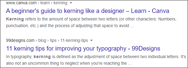 Пример отображения слова «kerning» в поиске Google с увеличенными интервалами