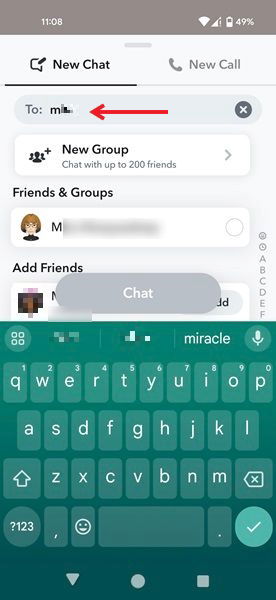 Поиск своего имени в Snapchat для Android.