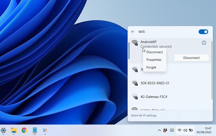 Удаление профиля беспроводной сети в Быстрых параметрах