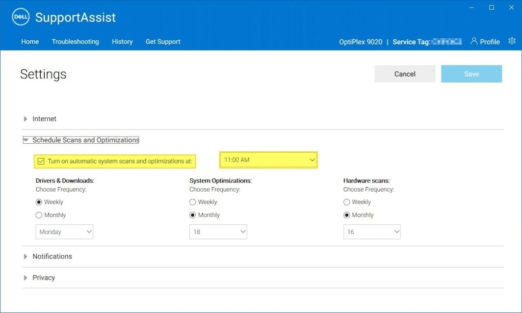 Опция отключения автоматических сканирований в SupportAssist