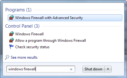 Поиск в меню Пуск: приложение 'Windows Firewall with Advanced Security'