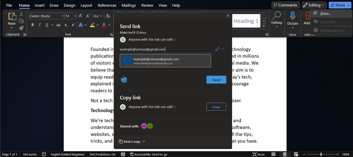Поделиться документом Word