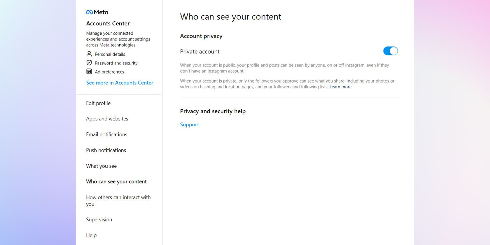 Скриншот меню конфиденциальности Instagram