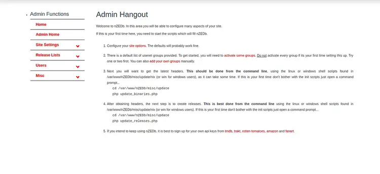 Стандартная панель администратора nZEDb после завершения установки