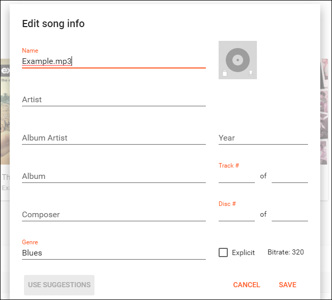 Окно редактирования метаданных трека в Google Play Music