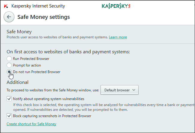 Отключение защищённого браузера Safe Money