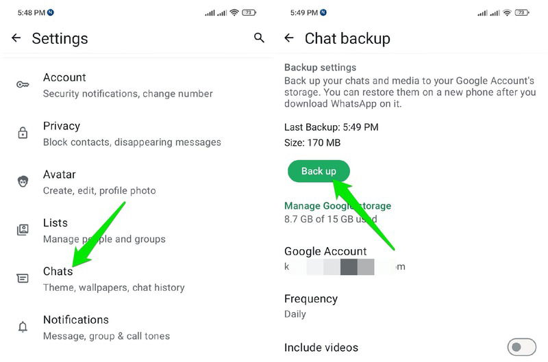 Параметры резервного копирования чатов в WhatsApp