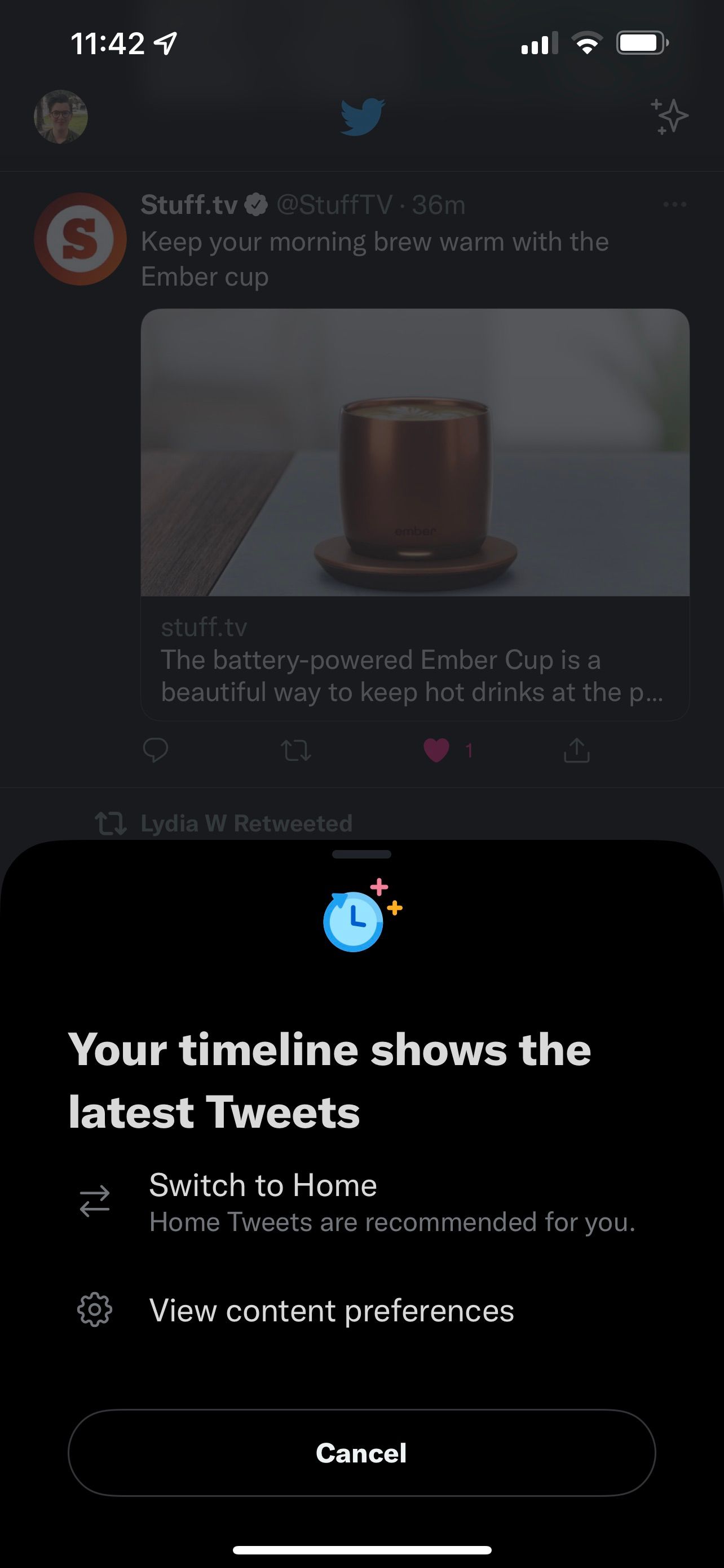 Скриншот опции «Последние твиты» в мобильном приложении Twitter