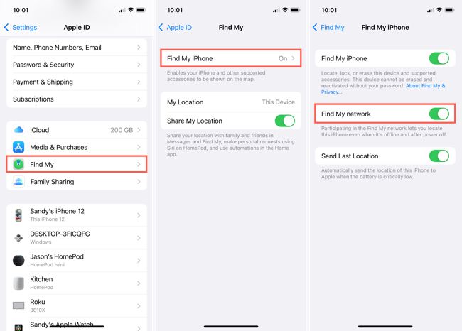 Включите сеть Find My в Настройках