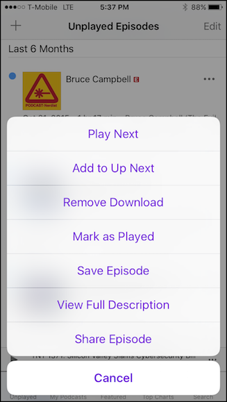 Контекстное меню эпизода на iPhone с опцией Remove Download