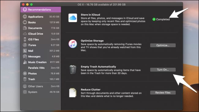 Подтверждение параметров iCloud Drive в macOS