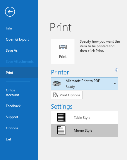 Диалог печати Microsoft Print to PDF в Windows 10