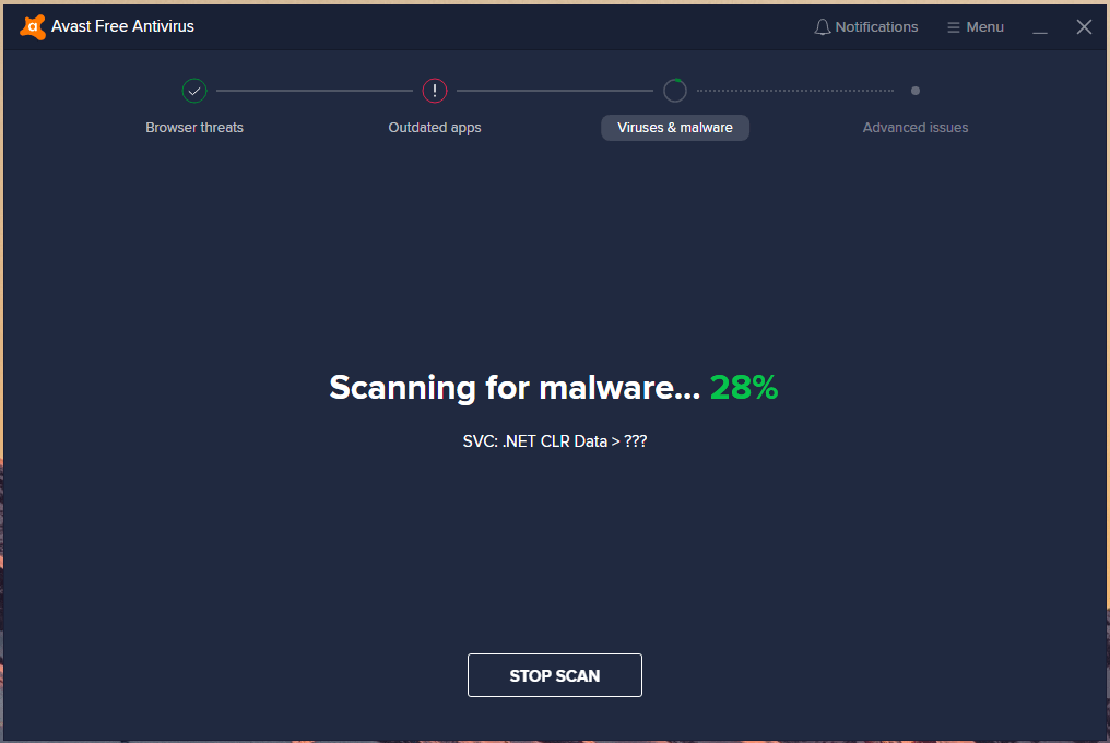 Окно Avast: сканер вирусов и вредоносных программ