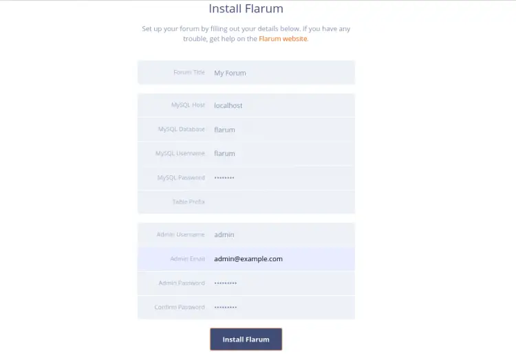 Страница установки Flarum — ввод имени форума и настроек базы данных