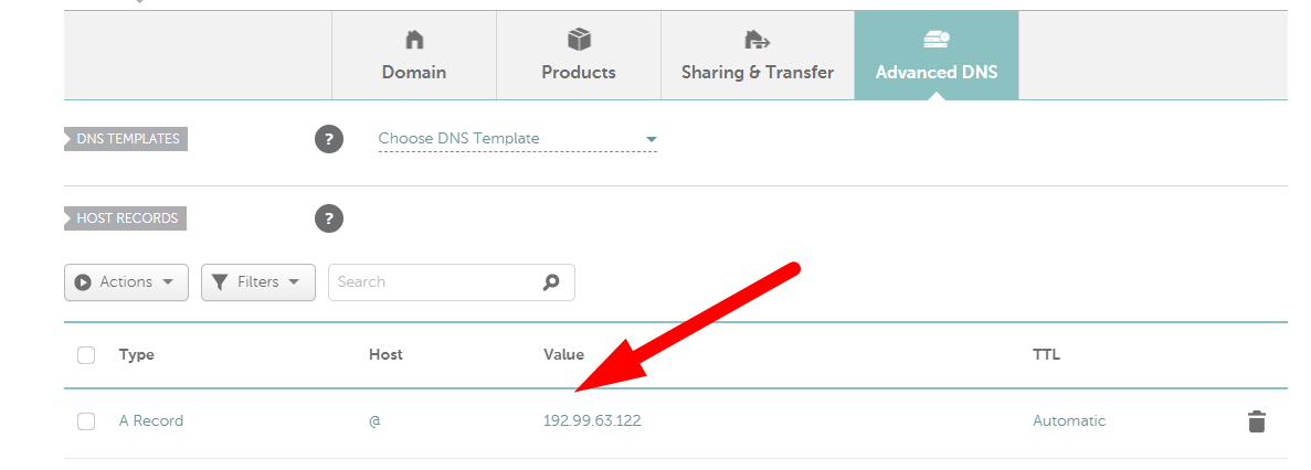 Пример таблицы DNS-записей в панели регистратора