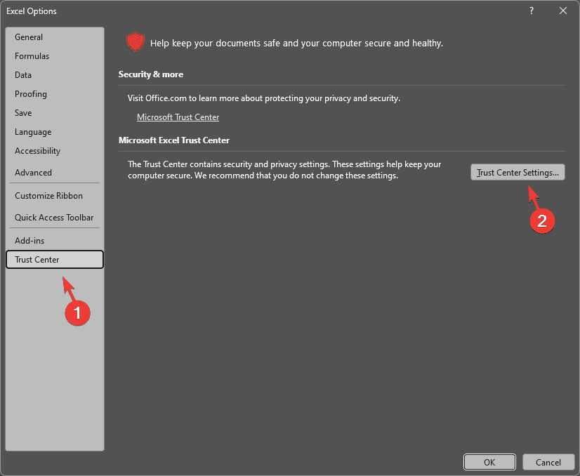Параметры Trust Center в Excel
