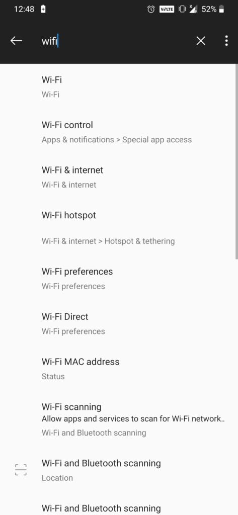 Elenco reti salvate su Android