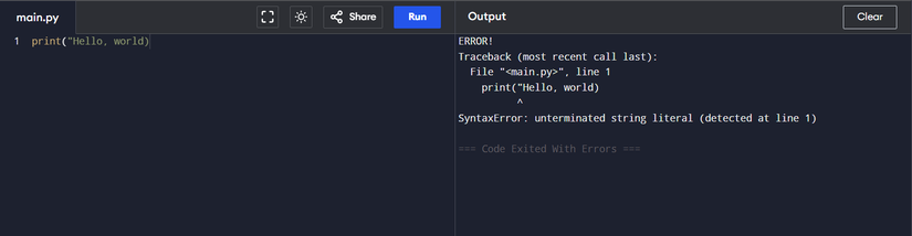 Иллюстрация SyntaxError: редактор подсвечивает ошибку синтаксиса в строке.